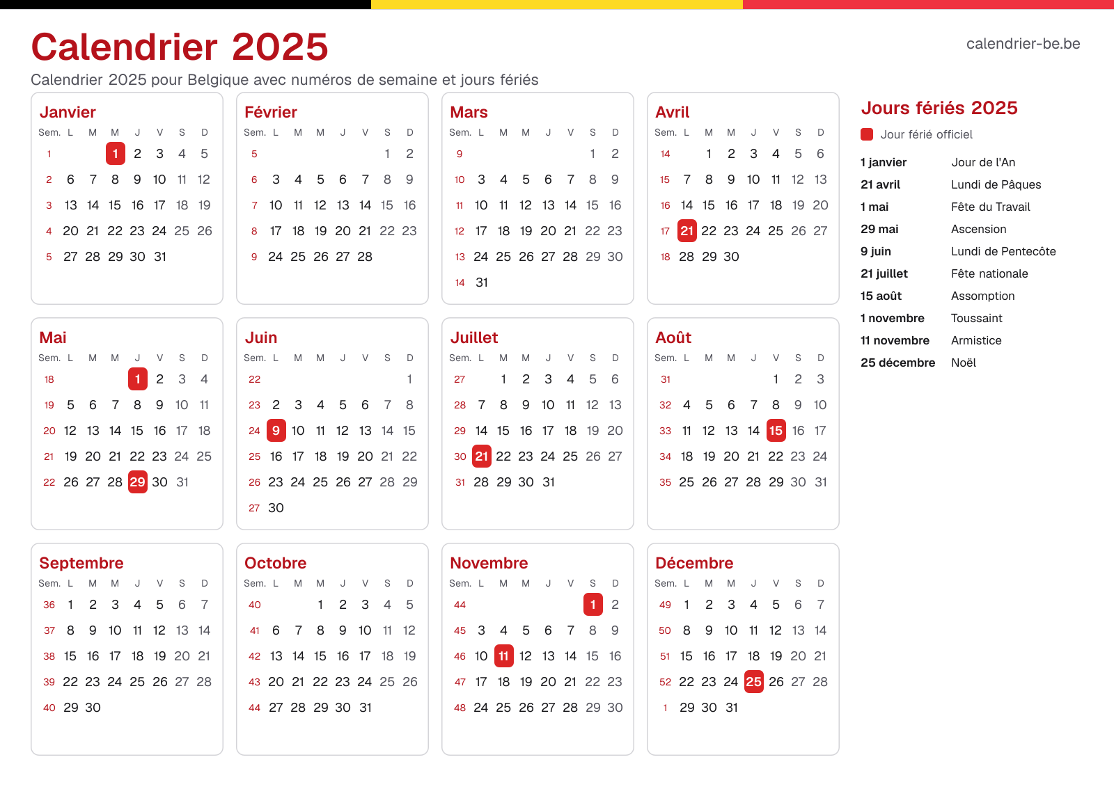 Calendrier 2025 avec numéros de semaine et jours fériés