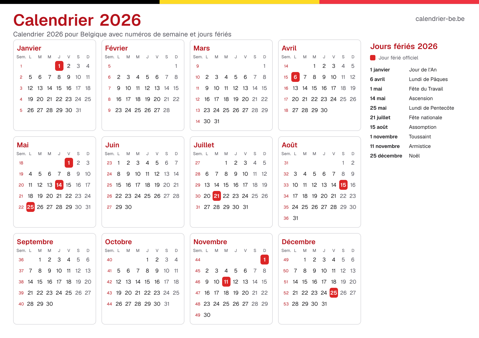 Calendrier 2026 avec numéros de semaine et jours fériés