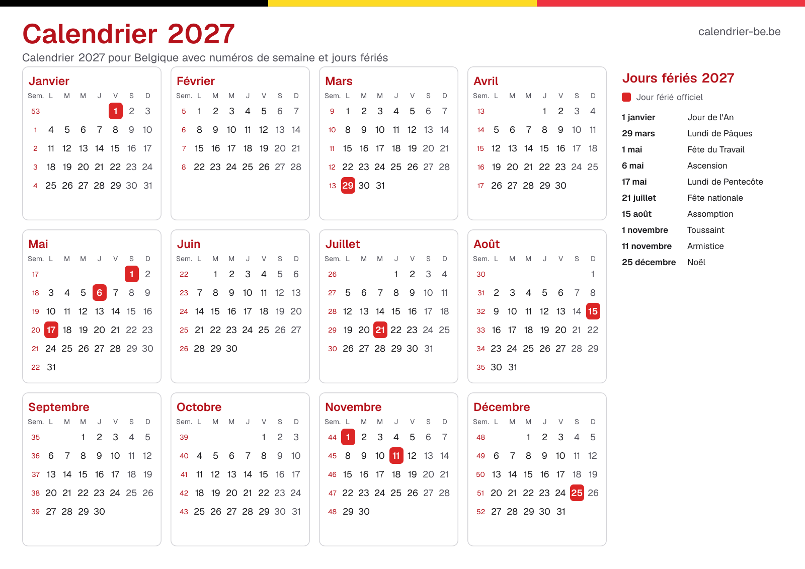Calendrier 2027 avec numéros de semaine et jours fériés