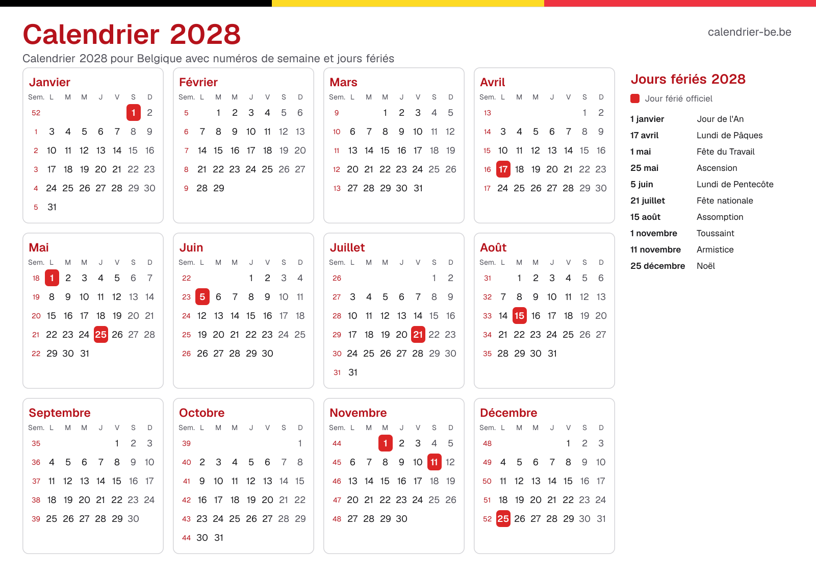 Calendrier 2028 avec numéros de semaine et jours fériés