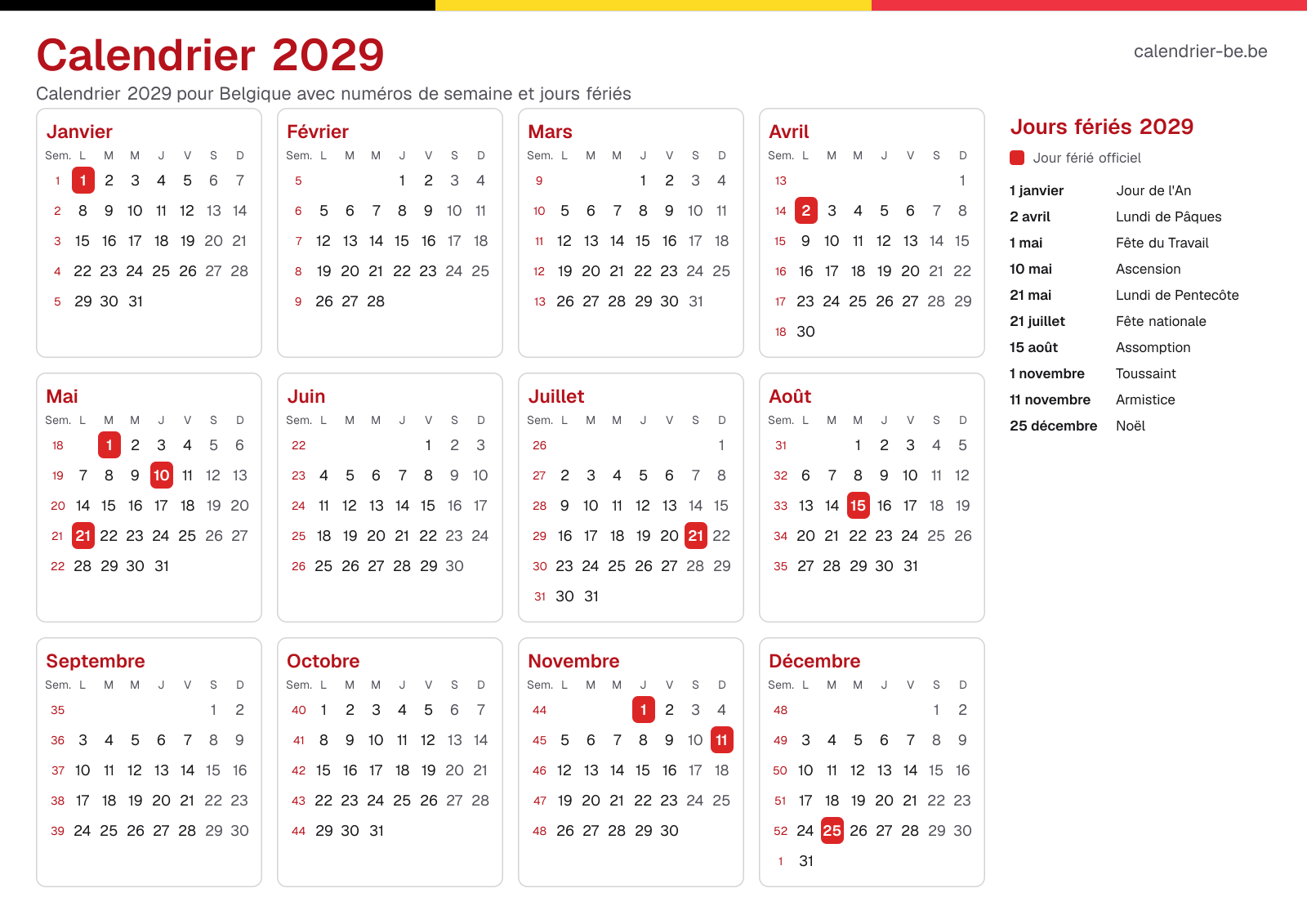 Calendrier 2029 avec numéros de semaine et jours fériés
