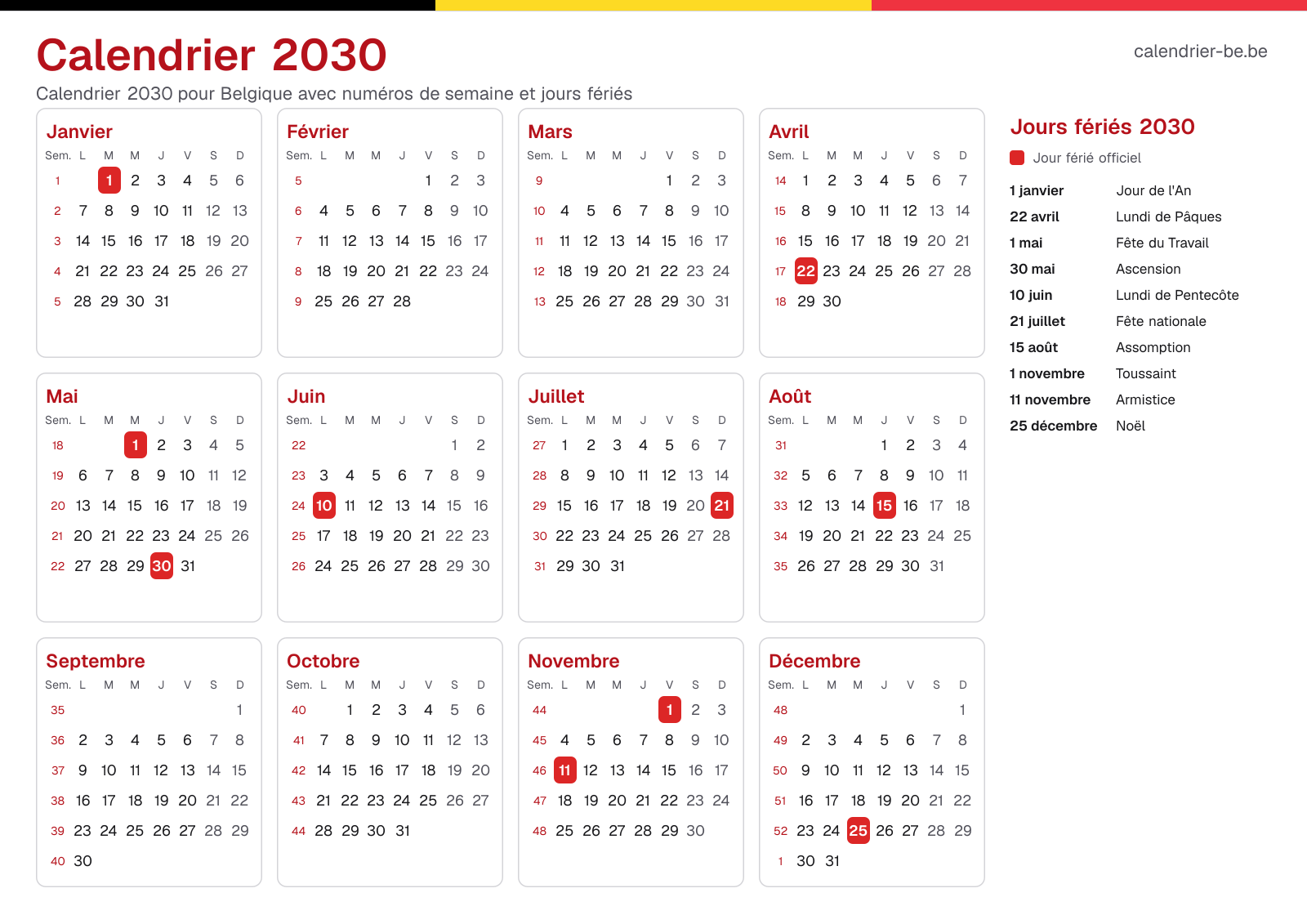 Calendrier 2030 avec numéros de semaine et jours fériés