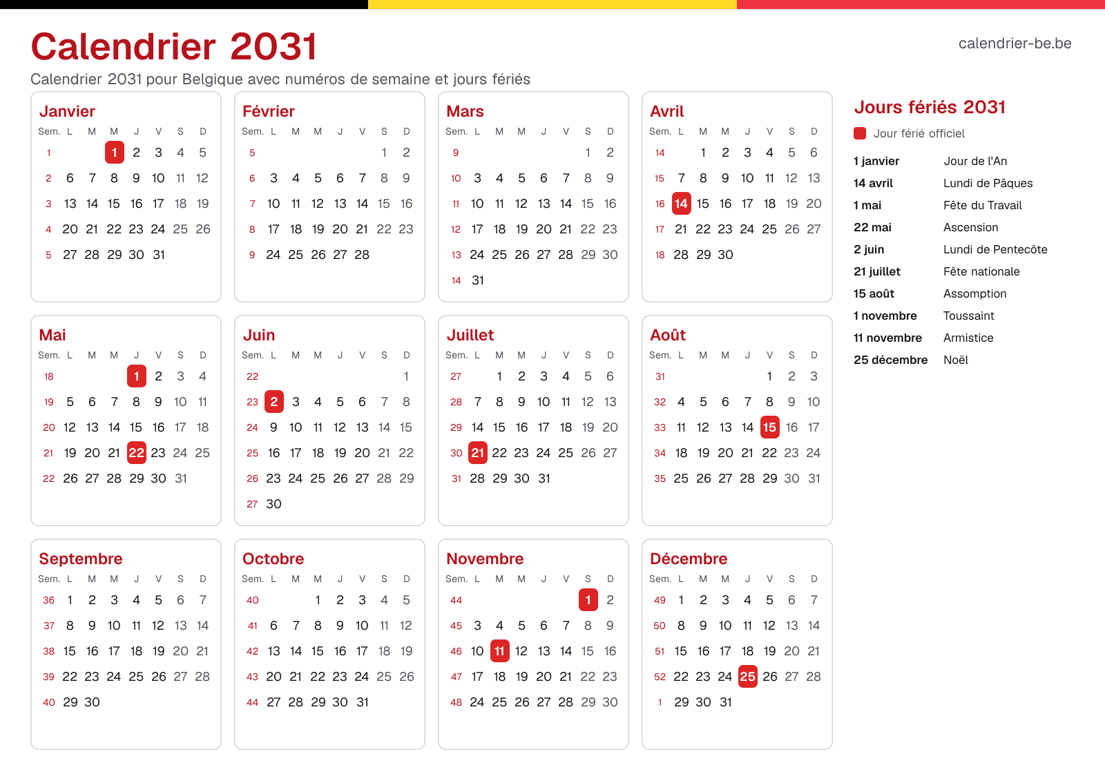 Calendrier 2031 avec numéros de semaine et jours fériés